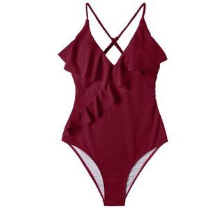 NEW Red Ribbed Ruffled One Piece Swimsuit Size Medium - Fourth of July